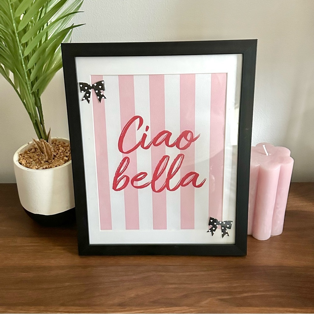 Ciao Bella Pink Red Striped Print Framed Matted Wall Art Poster Bows Italian Art
